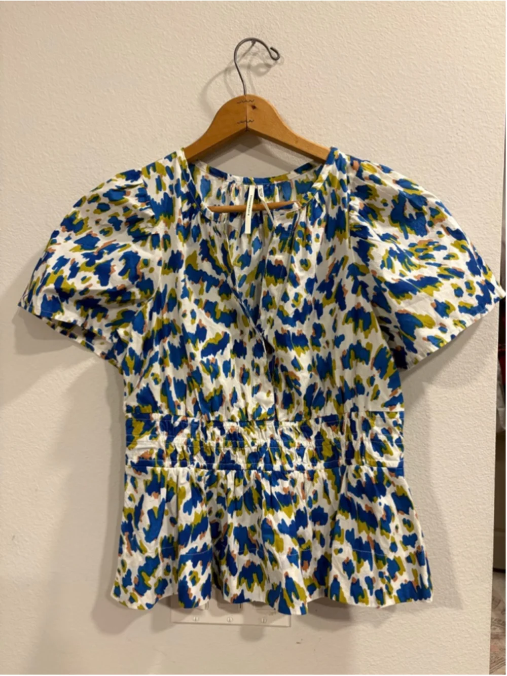Anthropologie Somerset Puff Sleeve Smocked Waist Blouse Peplum Top Blue Small